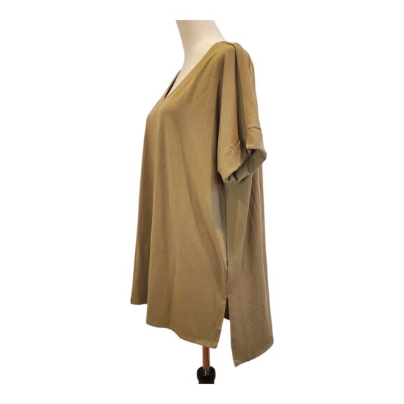 2 ZENANA SZ 1X Rolled Short Sleeve V-Neck Tops Coral Stripe & Olive Brown - Picture 5 of 10